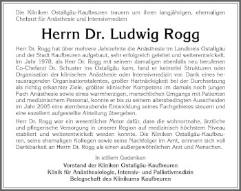 Traueranzeige von Ludwig Rogg von Allgäuer Zeitung, Füssen