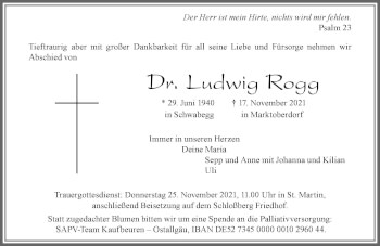 Traueranzeige von Ludwig Rogg von Allgäuer Zeitung, Marktoberdorf