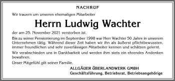 Traueranzeige von Ludwig Wachter von Allgäuer Zeitung,Kempten