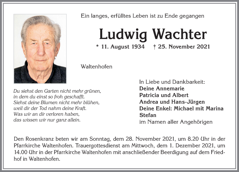  Traueranzeige für Ludwig Wachter vom 27.11.2021 aus Allgäuer Zeitung,Kempten