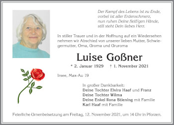 Traueranzeige von Luise Goßner von Allgäuer Zeitung, Kaufbeuren/Buchloe