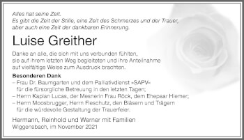 Traueranzeige von Luise Greither von Allgäuer Zeitung,Kempten