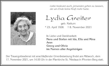 Traueranzeige von Lydia Greiter von Allgäuer Zeitung, Füssen
