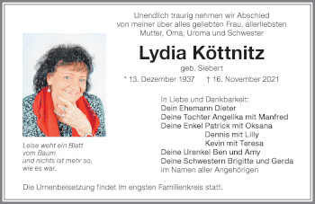 Traueranzeige von Lydia Köttnitz von Memminger Zeitung