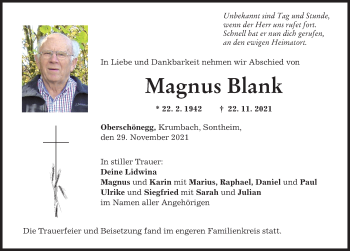 Traueranzeige von Magnus Blank von Memminger Zeitung
