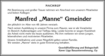 Traueranzeige von Manfred Gmeinder von Allgäuer Anzeigeblatt