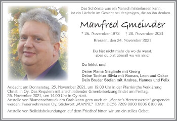 Traueranzeige von Manfred Gmeinder von Allgäuer Zeitung,Kempten