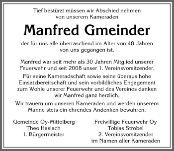 Traueranzeige von Manfred Gmeinder von Allgäuer Zeitung,Kempten