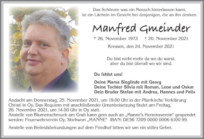  Traueranzeige für Manfred Gmeinder vom 24.11.2021 aus Allgäuer Zeitung,Kempten