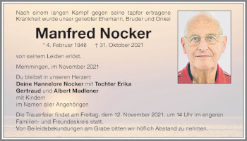 Traueranzeige von Manfred Nocker von Memminger Zeitung