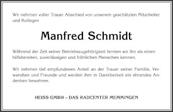 Traueranzeige von Manfred Schmidt von Allgäuer Zeitung