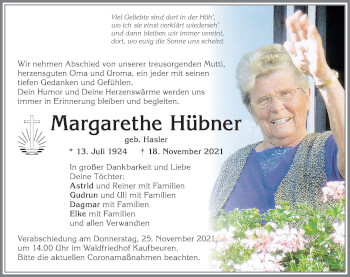Traueranzeige von Margarethe Hübner von Allgäuer Zeitung, Kaufbeuren/Buchloe