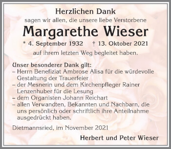 Traueranzeige von Margarethe Wieser von Allgäuer Zeitung,Kempten