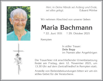 Traueranzeige von Maria Bachmann von Allgäuer Zeitung,Kempten