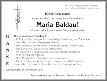 Traueranzeige von Maria Baldauf von Allgäuer Anzeigeblatt