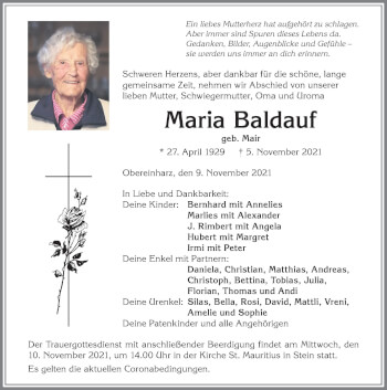 Traueranzeige von Maria Baldauf von Allgäuer Anzeigeblatt