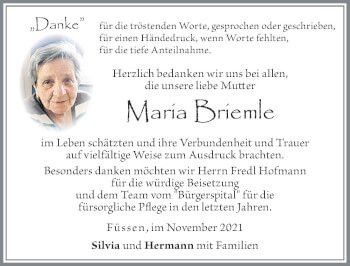 Traueranzeige von Maria Briemle von Allgäuer Zeitung, Füssen