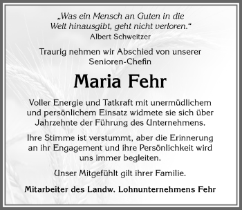 Traueranzeige von Maria Fehr von Memminger Zeitung