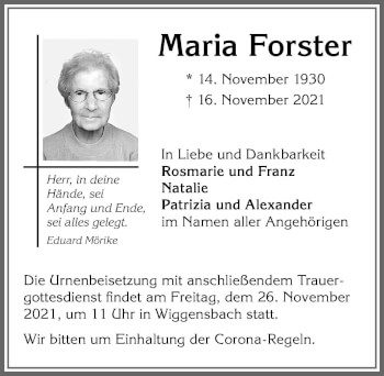 Traueranzeige von Maria Forster von Allgäuer Zeitung,Kempten