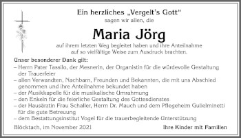 Traueranzeige von Maria Jörg von Allgäuer Zeitung, Kaufbeuren/Buchloe