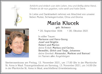 Traueranzeige von Maria Klucek von Allgäuer Zeitung, Kaufbeuren/Buchloe
