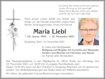 Traueranzeige von Maria Liebl von Allgäuer Anzeigeblatt