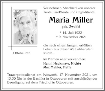 Traueranzeige von Maria Miller von Memminger Zeitung