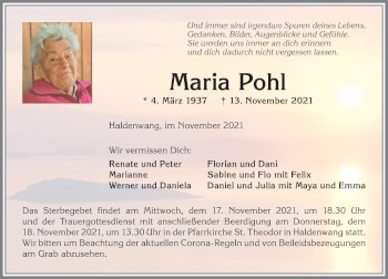Traueranzeige von Maria Pohl von Allgäuer Zeitung,Kempten