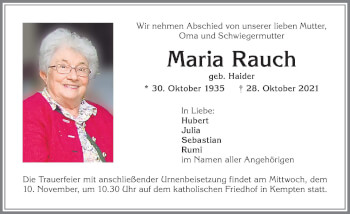 Traueranzeige von Maria Rauch von Allgäuer Zeitung,Kempten