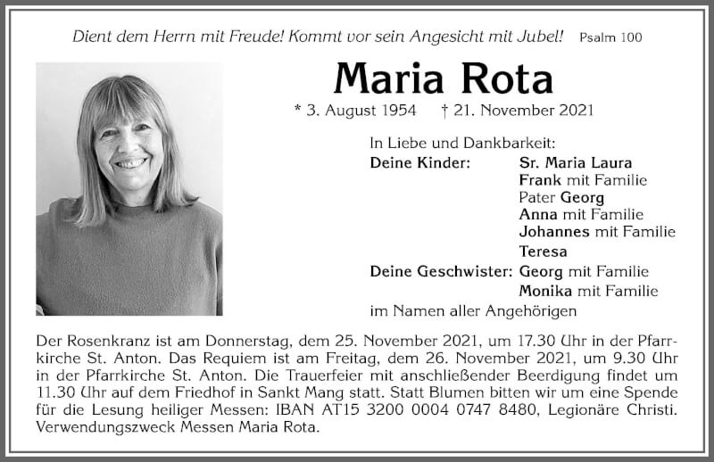  Traueranzeige für Maria Rota vom 24.11.2021 aus Allgäuer Zeitung,Kempten