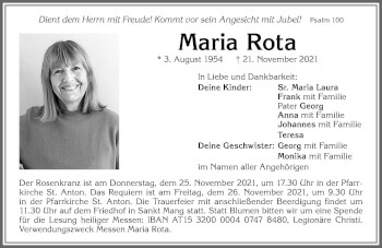 Traueranzeige von Maria Rota von Allgäuer Zeitung,Kempten