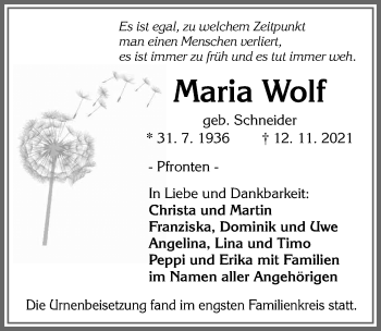 Traueranzeige von Maria Wolf von Allgäuer Zeitung, Füssen