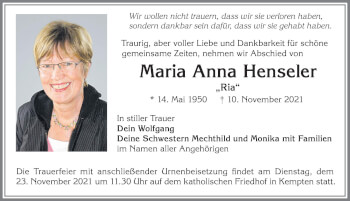 Traueranzeige von Maria Anna Henseler von Allgäuer Zeitung
