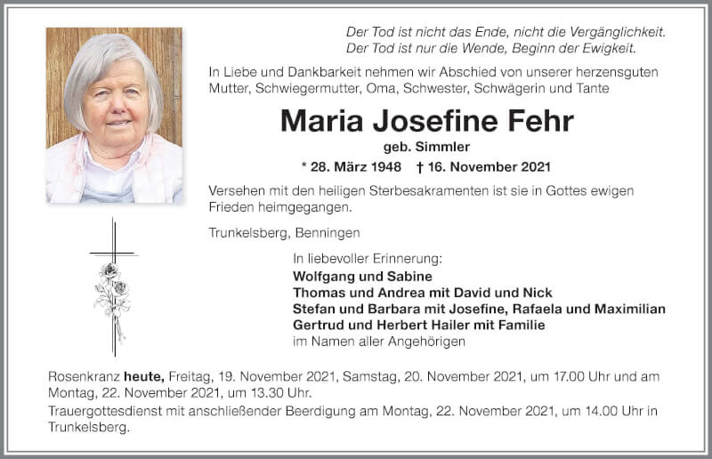  Traueranzeige für Maria Josefine Fehr vom 19.11.2021 aus Memminger Zeitung