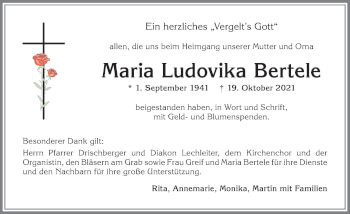 Traueranzeige von Maria Ludovika Bertele von Allgäuer Zeitung,Kempten