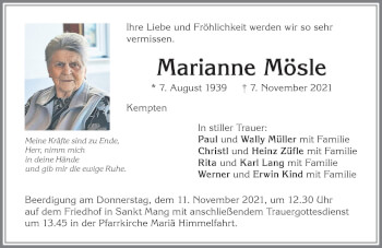 Traueranzeige von Marianne Mösle von Allgäuer Zeitung,Kempten