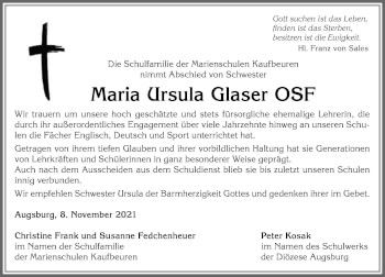 Traueranzeige von Maria Ursula Glaser von Allgäuer Zeitung, Kaufbeuren/Buchloe