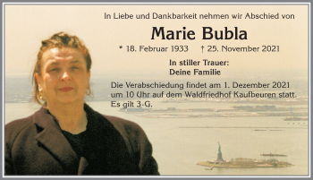 Traueranzeige von Marie Bubla von Allgäuer Zeitung, Kaufbeuren/Buchloe