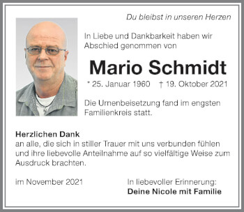 Traueranzeige von Mario Schmidt von Memminger Zeitung