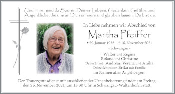 Traueranzeige von Martha Pfeiffer von Allgäuer Zeitung, Füssen