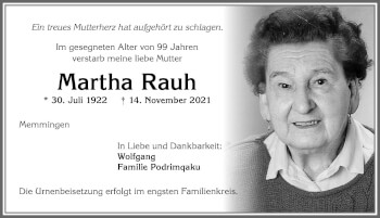 Traueranzeige von Martha Rauh von Memminger Zeitung