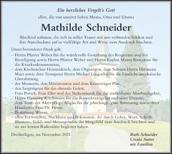 Traueranzeige von Mathilde Schneider von Der Westallgäuer