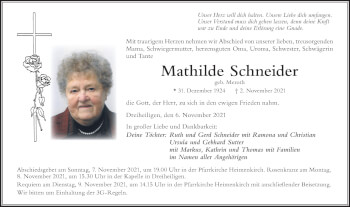 Traueranzeige von Mathilde Schneider von Der Westallgäuer