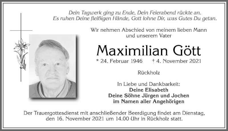  Traueranzeige für Maximilian Gött vom 13.11.2021 aus Allgäuer Zeitung, Füssen