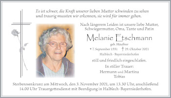 Traueranzeige von Melanie Etschmann von Allgäuer Zeitung, Füssen