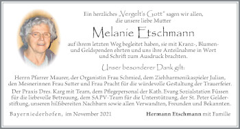 Traueranzeige von Melanie Etschmann von Allgäuer Zeitung, Füssen