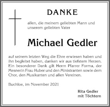 Traueranzeige von Michael Gedler von Allgäuer Zeitung, Kaufbeuren/Buchloe