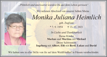 Traueranzeige von Monika Juliana Heimlich von Allgäuer Zeitung, Füssen