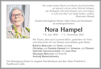 Traueranzeige von Nora Hampel von Allgäuer Zeitung, Kaufbeuren/Buchloe