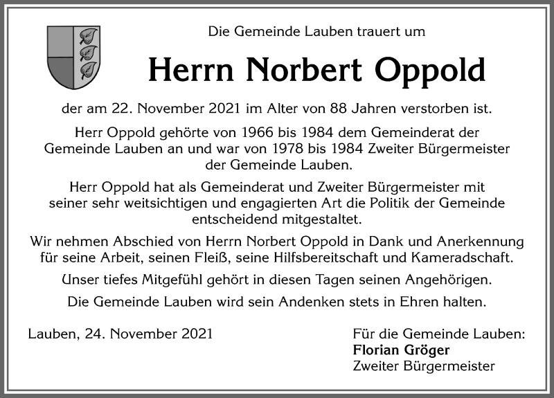  Traueranzeige für Norbert Oppold vom 27.11.2021 aus Allgäuer Zeitung,Kempten